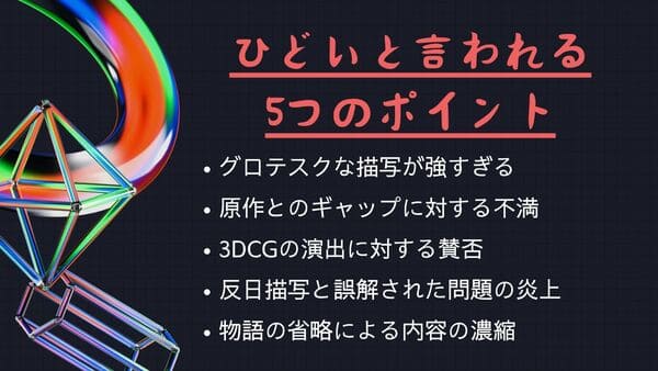 グロテスクな描写が強すぎる原作とのギャップに対する不満 3DCGの演出に対する賛否 反日描写と誤解された問題の炎上 物語の省略による内容の濃縮