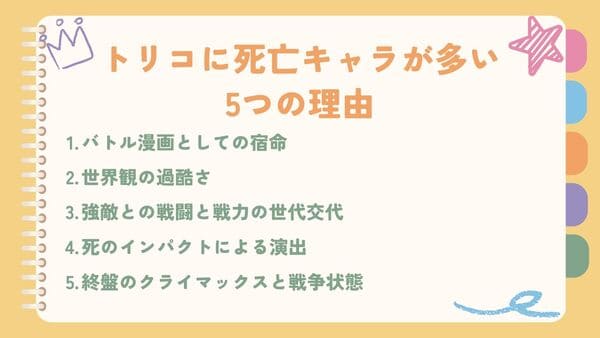 バトル漫画としての宿命世界観の過酷さ 強敵との戦闘と戦力の世代交代 死のインパクトによる演出 終盤のクライマックスと戦争状態