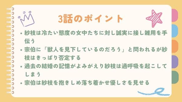 紗枝は冷たい態度の女中たちに対し誠実に接し雑用を手伝う宗伯に「獣人を見下しているのだろう」と問われるが紗枝はきっぱり否定する 過去の結婚の記憶がよみがえり紗枝は過呼吸を起こしてしまう 宗伯は紗枝を抱きしめ落ち着かせ優しさを見せる