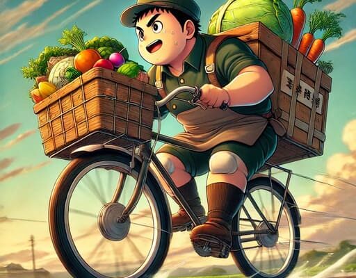 ブタゴリラが野菜を配達中のイラストを作成しました！自転車の後ろに野菜を積み、配達に向かう動きを表現しています。