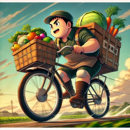 ブタゴリラが野菜を配達中のイラストを作成しました！自転車の後ろに野菜を積み、配達に向かう動きを表現しています。