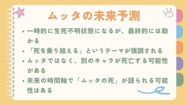 一時的に生死不明状態になるが、最終的には助かる「死を乗り越える」というテーマが強調される ムッタではなく、別のキャラが死亡する可能性がある 未来の時間軸で「ムッタの死」が語られる可能性はある