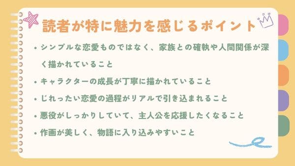 シンプルな恋愛ものではなく、家族との確執や人間関係が深く描かれていることキャラクターの成長が丁寧に描かれていること じれったい恋愛の過程がリアルで引き込まれること 悪役がしっかりしていて、主人公を応援したくなること 作画が美しく、物語に入り込みやすいこと