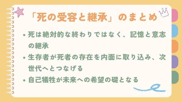 死は絶対的な終わりではなく、記憶と意志の継承生存者が死者の存在を内面に取り込み、次世代へとつなげる 自己犠牲が未来への希望の礎となる