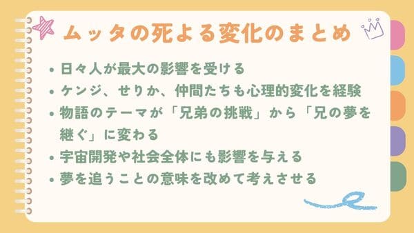 日々人が最大の影響を受けるケンジ、せりか、仲間たちも心理的変化を経験 物語のテーマが「兄弟の挑戦」から「兄の夢を継ぐ」に変わる 宇宙開発や社会全体にも影響を与える 夢を追うことの意味を改めて考えさせる