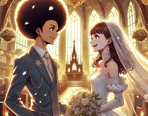 ムッタの特徴的なアフロヘアを再現し、結婚式のシーンを美しく描きました