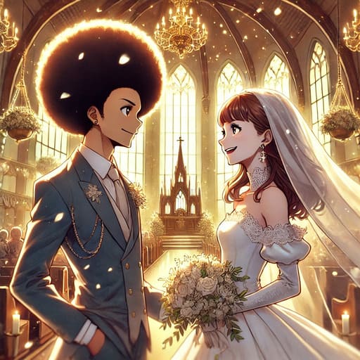 ムッタの特徴的なアフロヘアを再現し、結婚式のシーンを美しく描きました