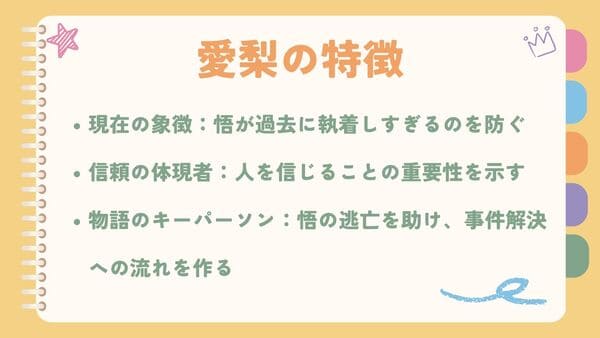 現在の象徴：悟が過去に執着しすぎるのを防ぐ信頼の体現者：人を信じることの重要性を示す 物語のキーパーソン：悟の逃亡を助け、事件解決への流れを作る