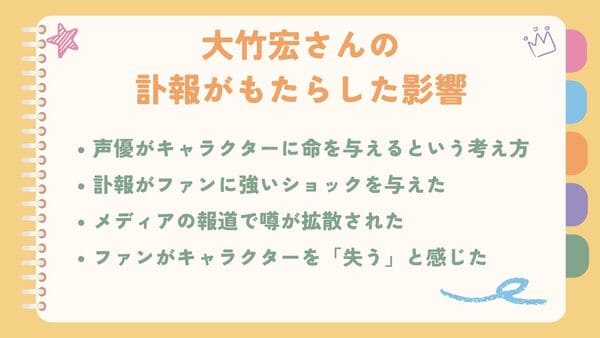 声優がキャラクターに命を与えるという考え方訃報がファンに強いショックを与えた メディアの報道で噂が拡散された ファンがキャラクターを「失う」と感じた 